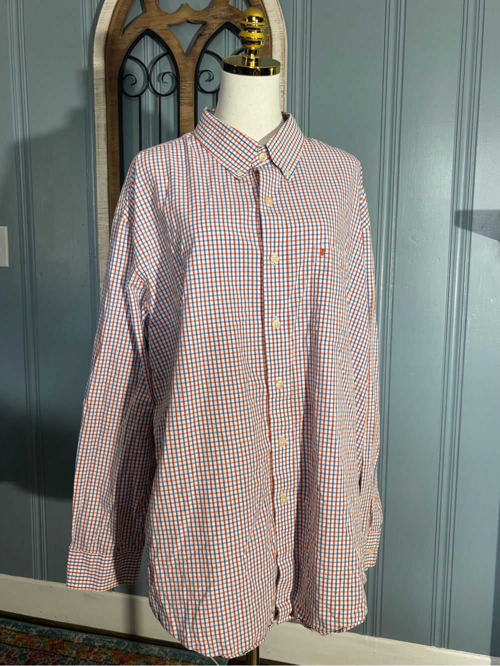 EUC IZOD Men’s 2XL White Blue Orange Check Cotton Woven Button-Down Shirt LS